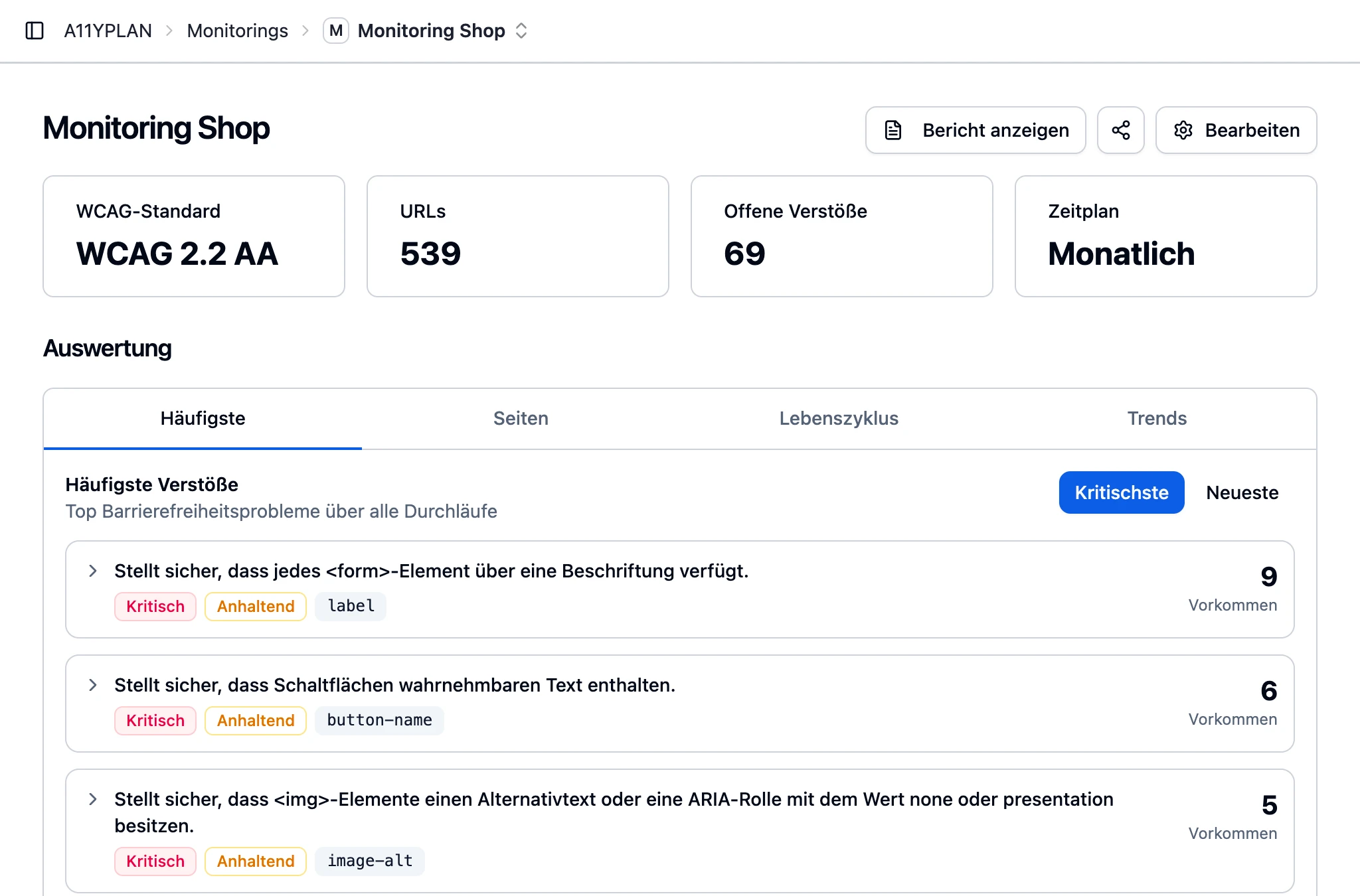 Screenshot der A11YPLAN Monitoring-Funktion: Intelligente Crawler-Konfiguration mit flexiblen Prüfebenen, automatisierten Zeitplänen und skalierbarer Seitenerfassung bis 5000 Seiten - für lückenlose Barrierefreiheitsprüfung im Hintergrund.